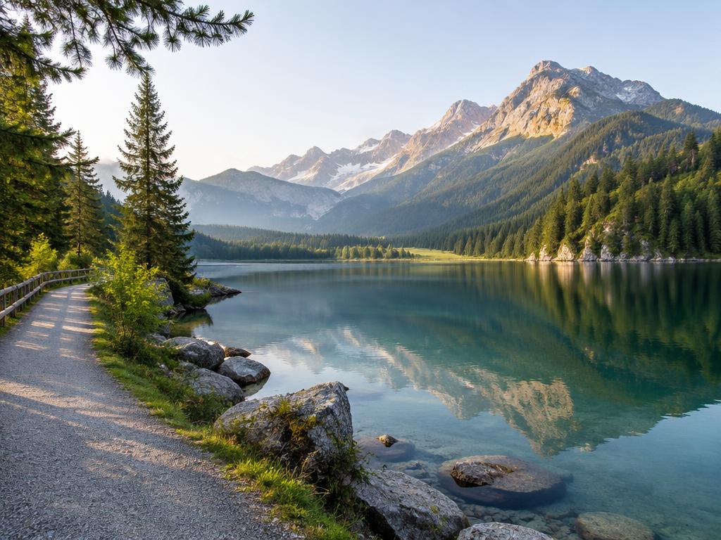 Ruhiger Bergsee mit Spazierweg am Ufer