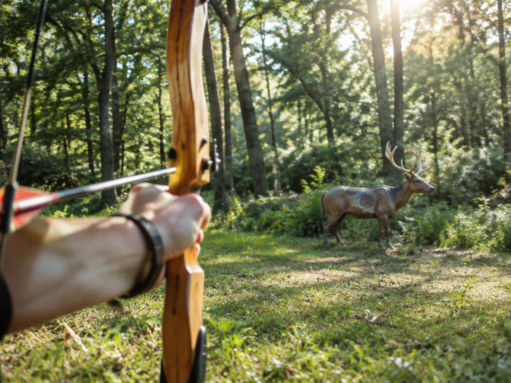 Bogen und Pfeil vor einem 3D-Ziel im Wald