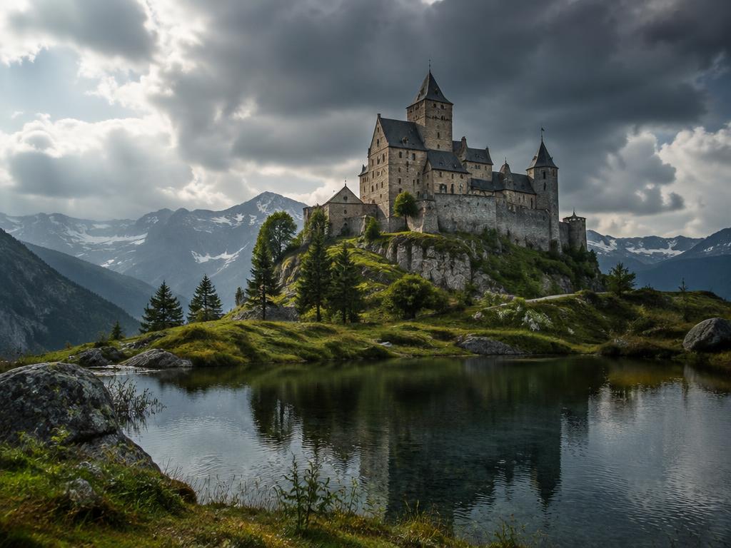 Burg auf einem Hügel, von außen gesehen