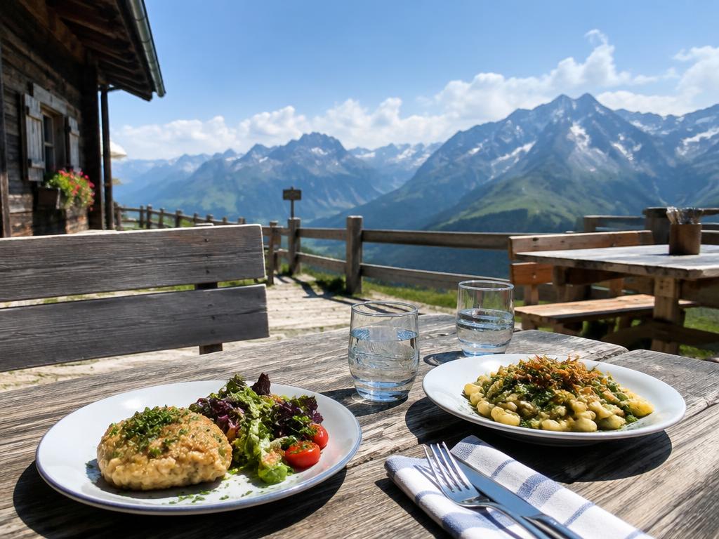 Sonnenterrasse einer Berghütte mit Panorama