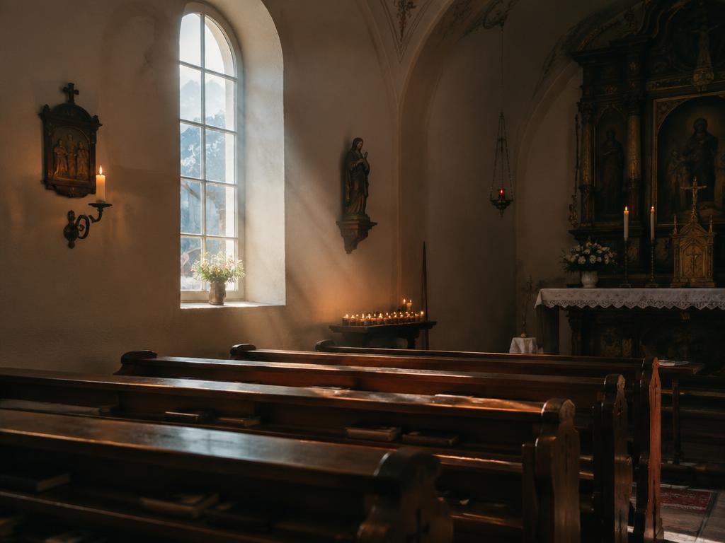 Ruhiger Innenraum einer Dorfkirche mit Kerzen