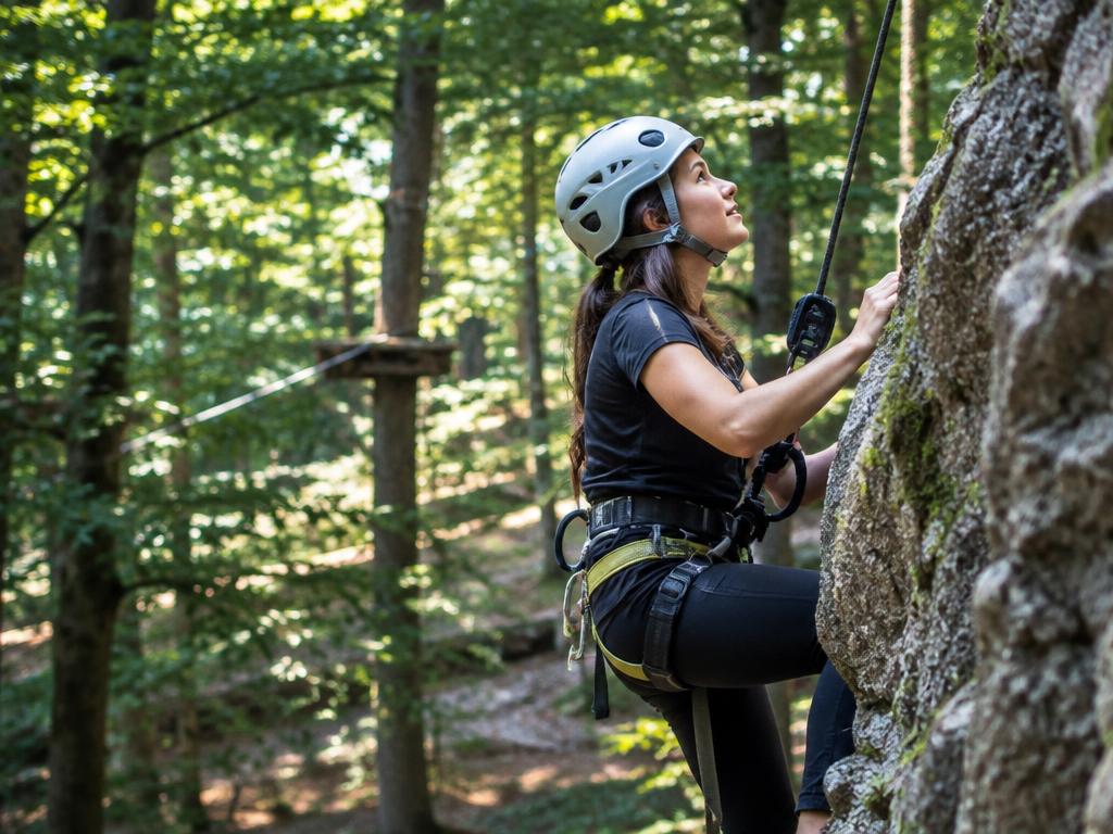 Person mit Helm, Gurt und Seil beim Klettern