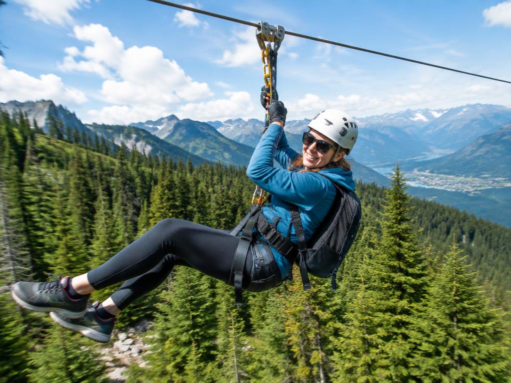 Person mit Helm und Gurt an einem Seilflug