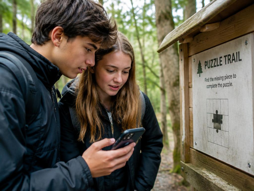 Zwei Jugendliche lösen mit dem Handy ein Rätsel im Wald