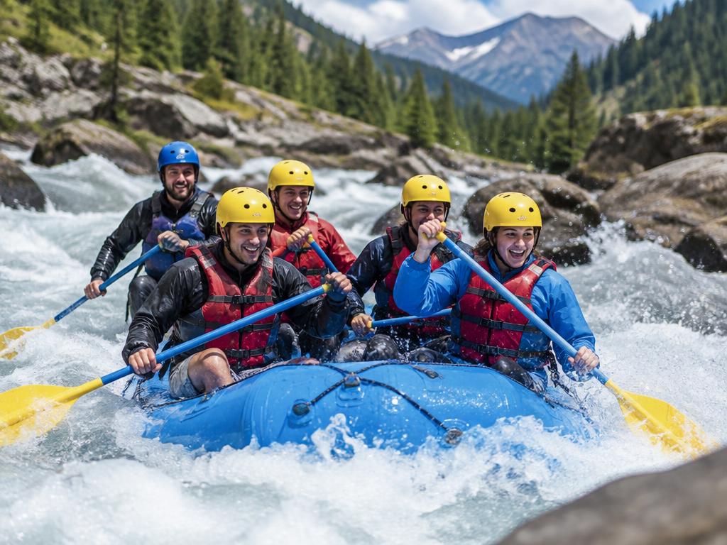 Gruppe beim Rafting mit Helmen und Schwimmwesten