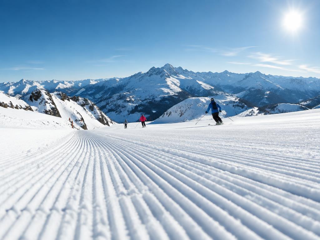 Frisch präparierte Skipiste im Gebirge